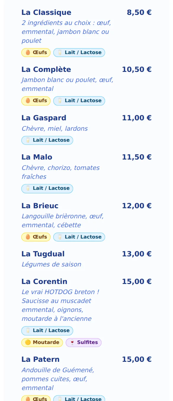 La carte vue par un client : chaque galette suivie de son prix et de ses allergènes en pastilles
